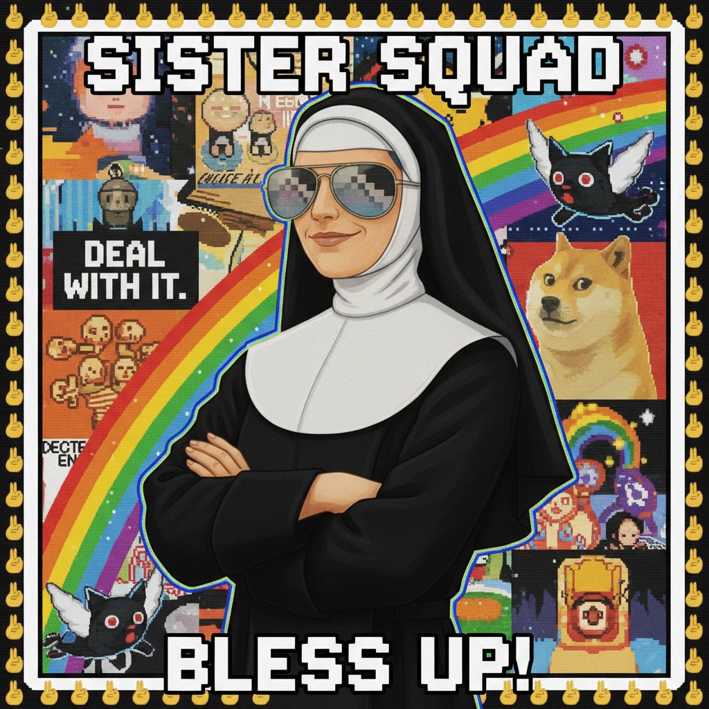 Nun meme, viral humor, internet culture, meme-style nun with exaggerated sunglasses and caption