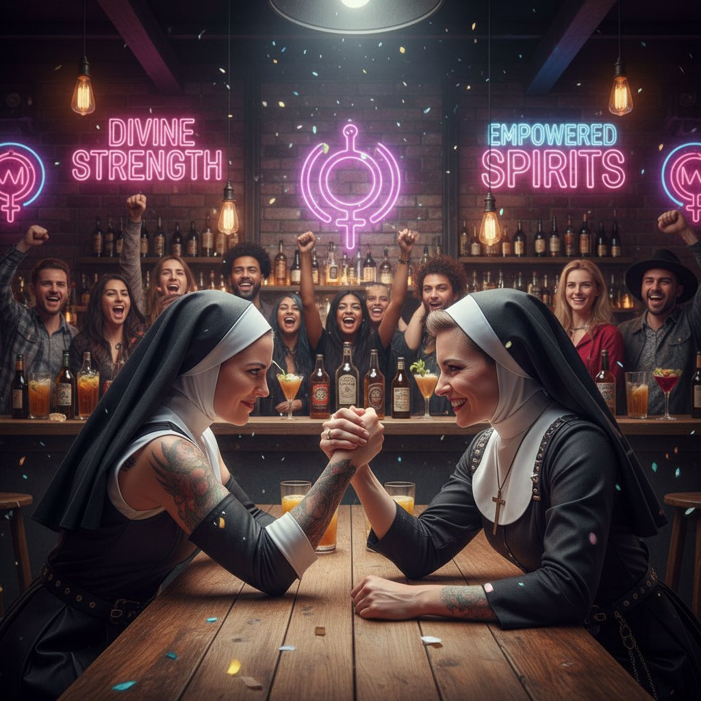 Empowered nuns breaking stereotypes in modern setting, group of nuns arm-wrestling in a bar
