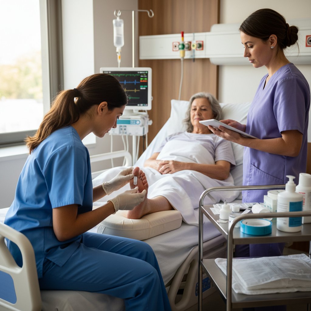 Pielęgniarka sprawdzająca zaczerwienienie skóry u pacjenta, co może być wczesnym objawem odleżyny