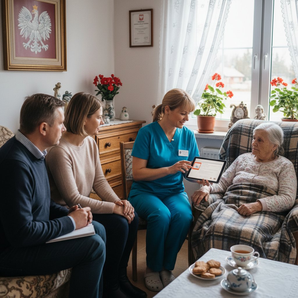 Pielęgniarka rozmawia z rodziną pacjenta, konsultacja w domu, opieka pielęgniarska w Polsce