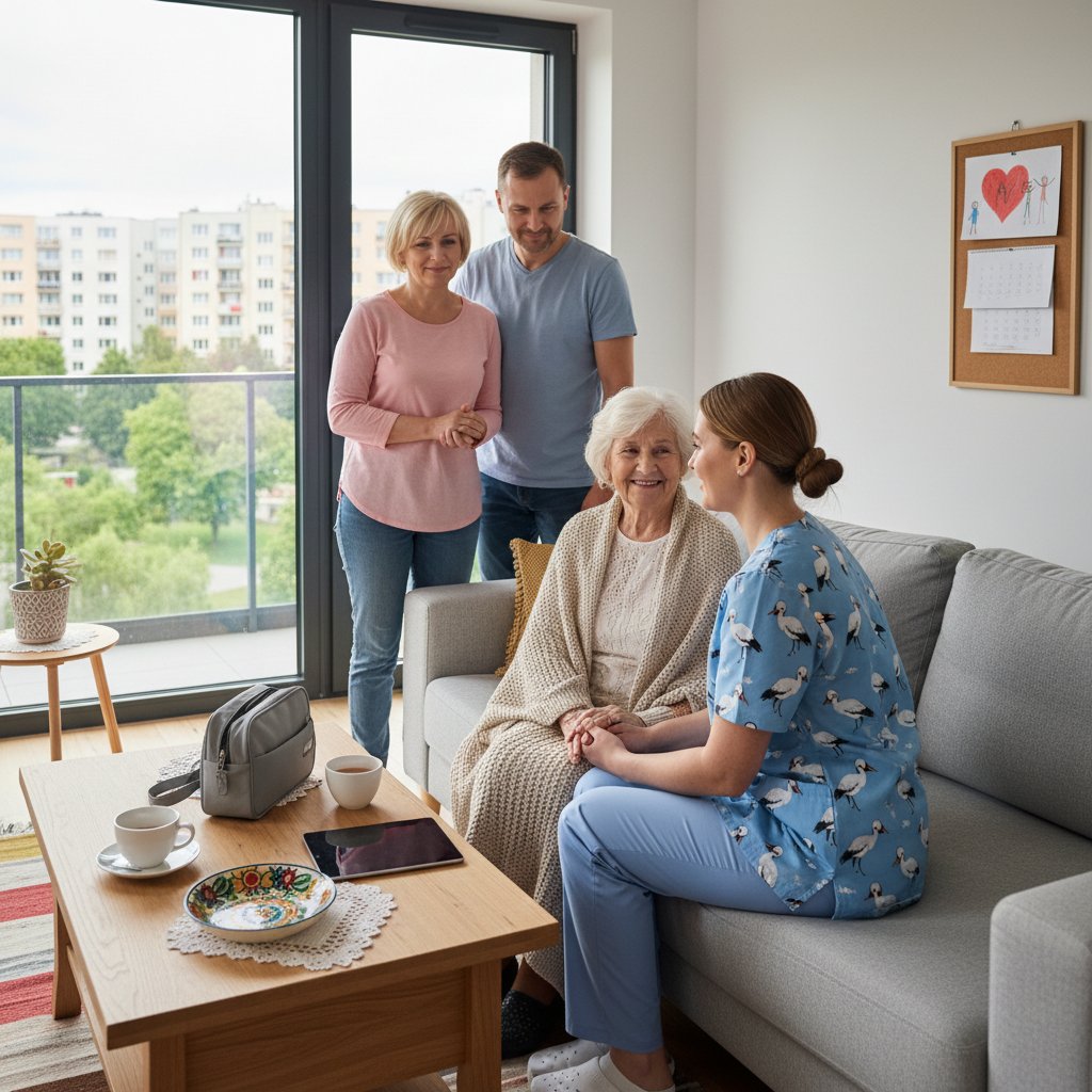 Położna podczas wizyty domowej z rodziną, naturalne światło, współczesna polska