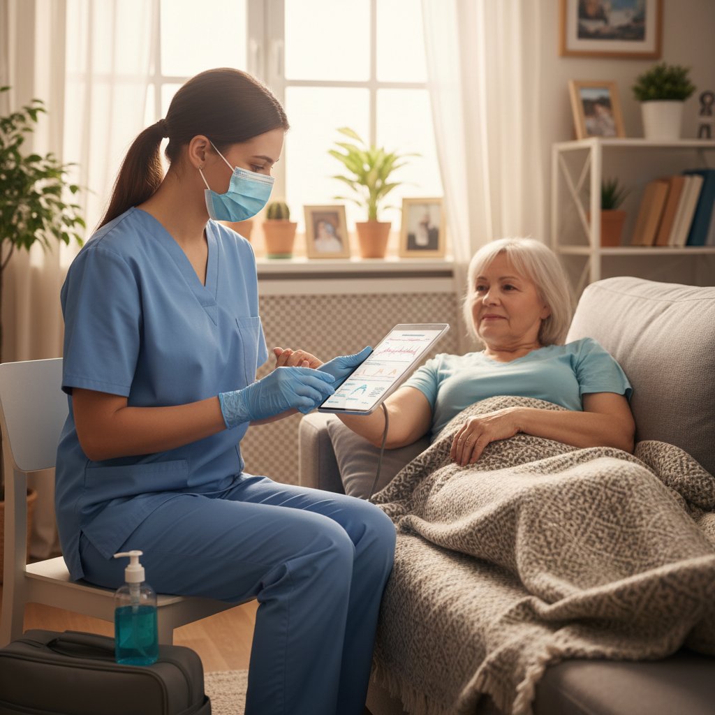 Położna w maseczce i rękawiczkach, wizyta patronażowa podczas pandemii, dystans