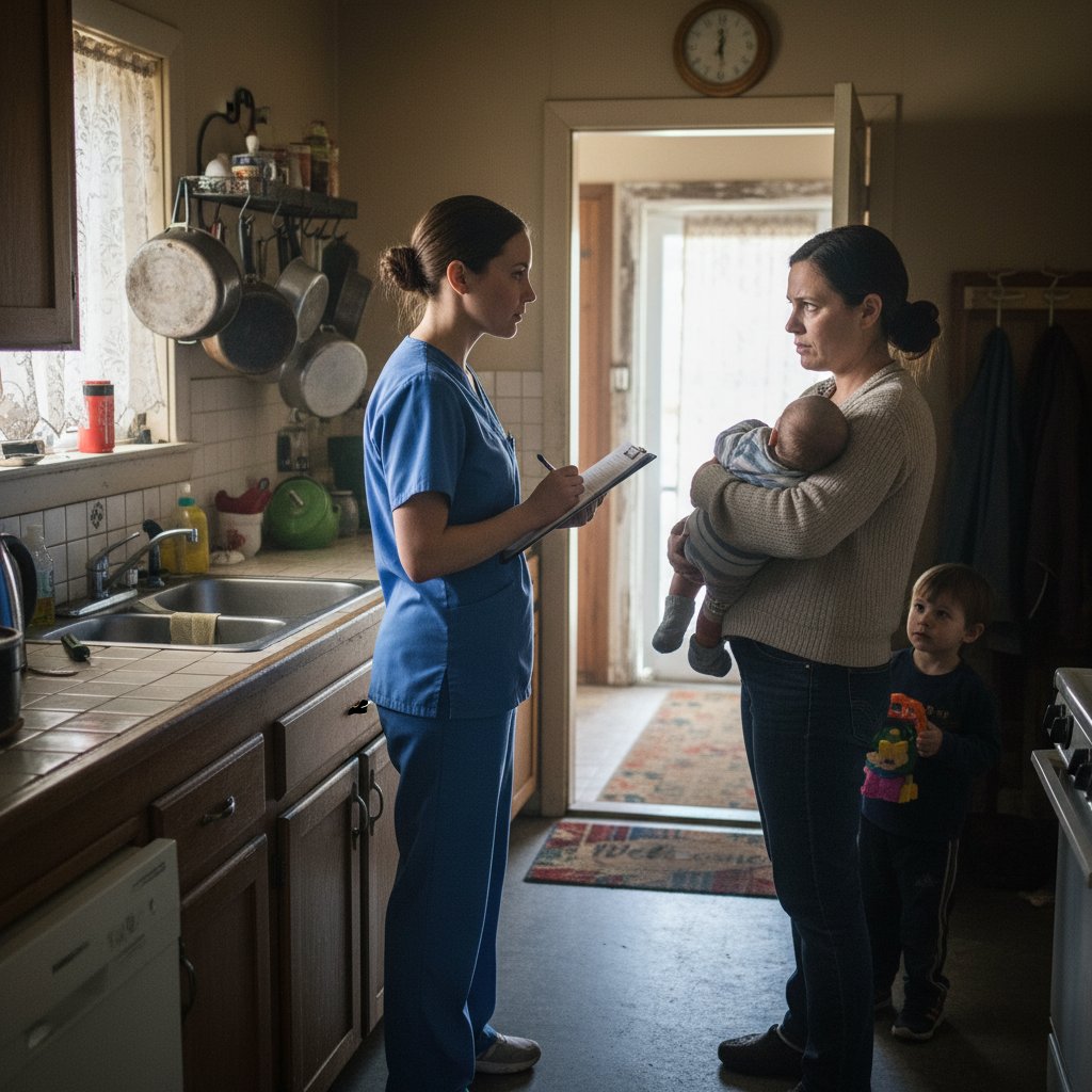 Położna rozmawiająca z matką w kuchni, atmosfera nieufności, polskie mieszkanie