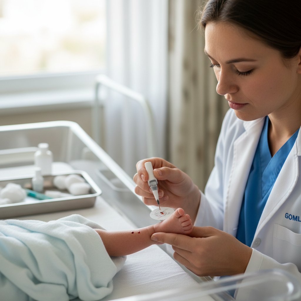 Pielęgniarka przygotowująca zestaw do pobrania krwi do badań przesiewowych noworodka w sali szpitalnej