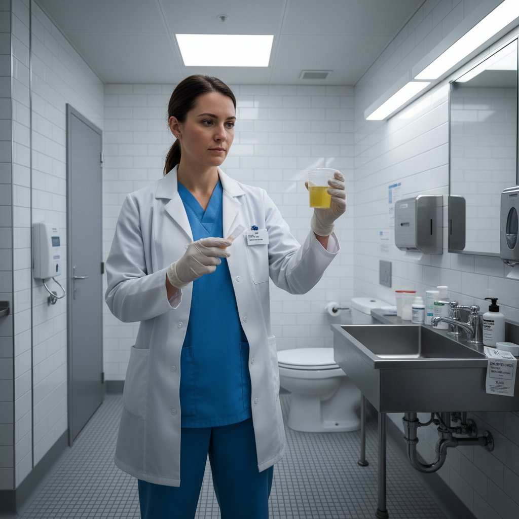 Pielęgniarka w rękawiczkach trzymająca pojemnik z moczem w sterylnej łazience, diagnostyka moczu w praktyce