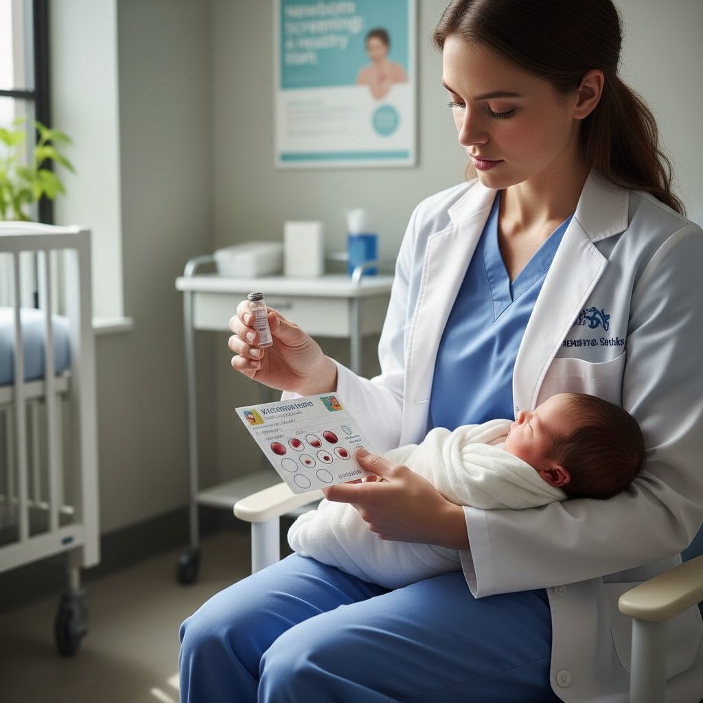 Pielęgniarka podająca dziecku szczepionkę obok matki konsultującej kartę badań przesiewowych