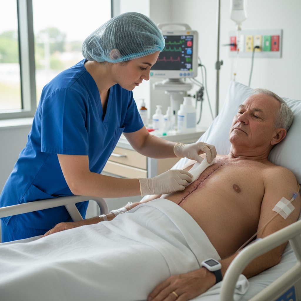 Pielęgniarka sprawdzająca gojenie się rany po operacji bajpasów