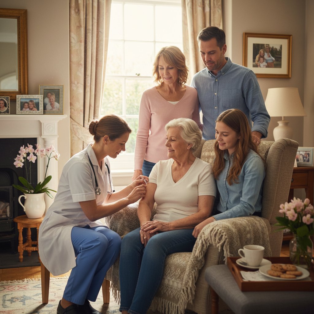 Pielęgniarka wykonująca zastrzyk starszemu pacjentowi w domu, z rodziną obserwującą z troską