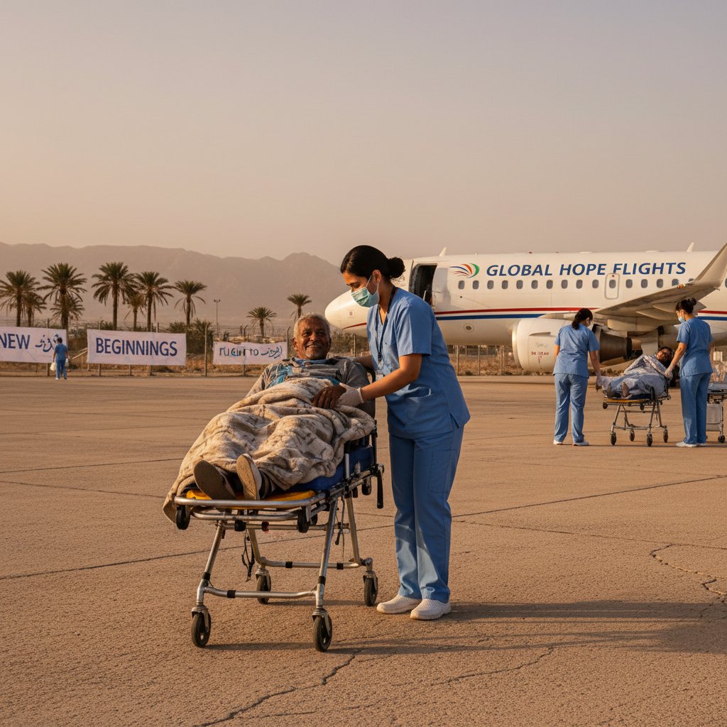 Documentary-style photo of nurse helping patient on tarmac in foreign country, nurse flights, hopeful mood