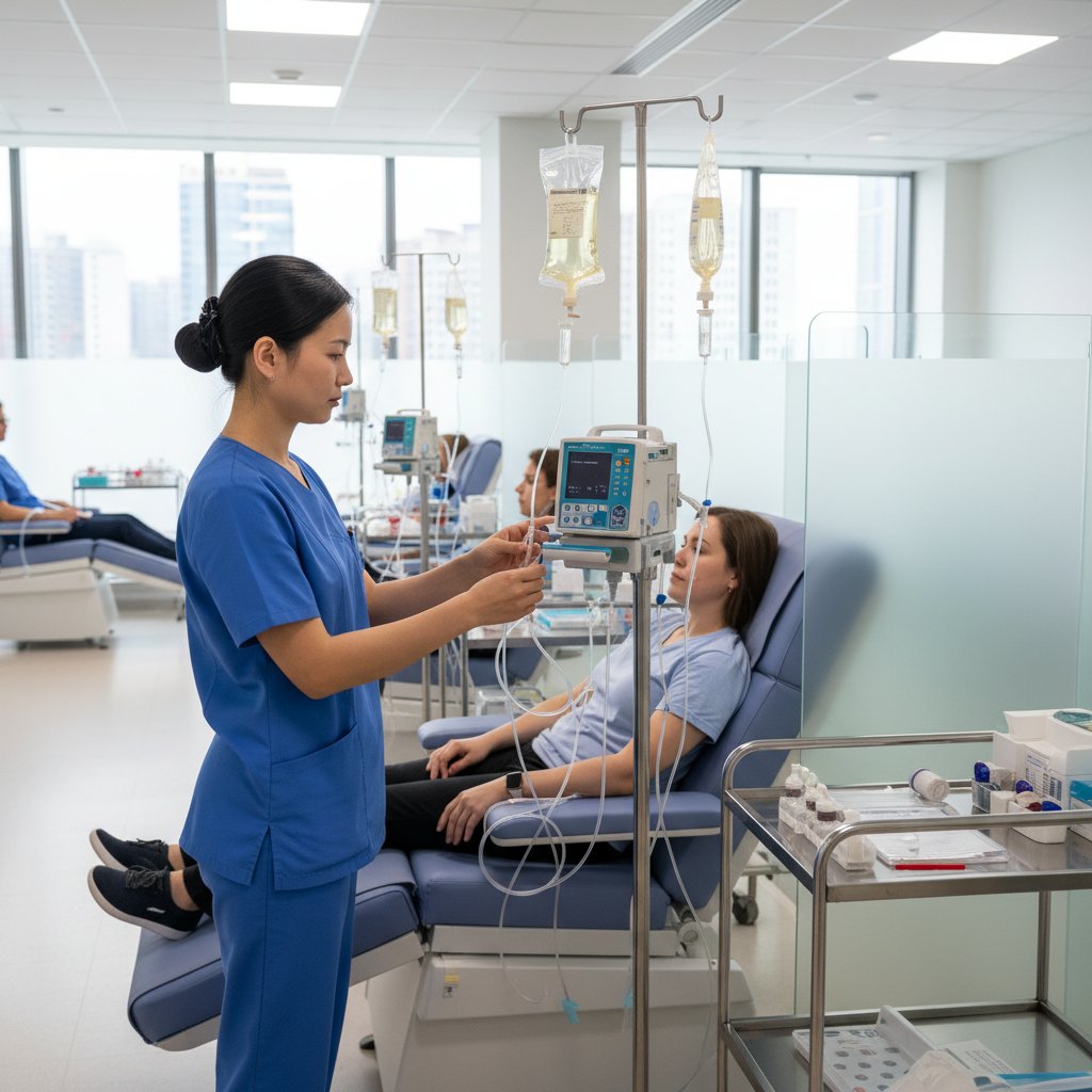 Pielęgniarka podaje kroplówkę pacjentowi na oddziale immunoterapii, nowoczesny sprzęt medyczny