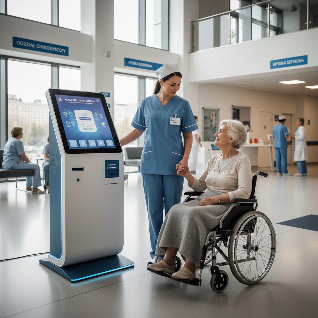 Pielęgniarka i pacjent korzystają z kiosku AI w szpitalu