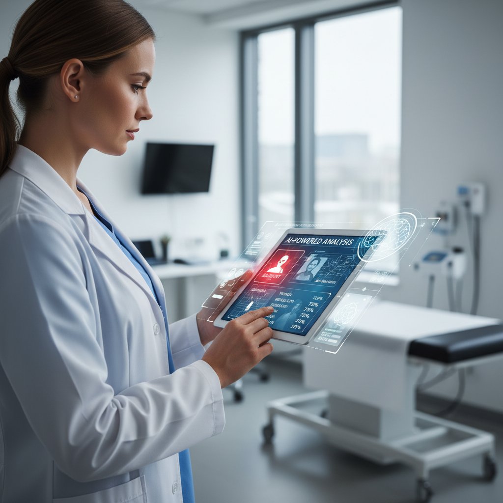 Pielęgniarka korzystająca z tabletu z AI do analizy wyników alergicznych