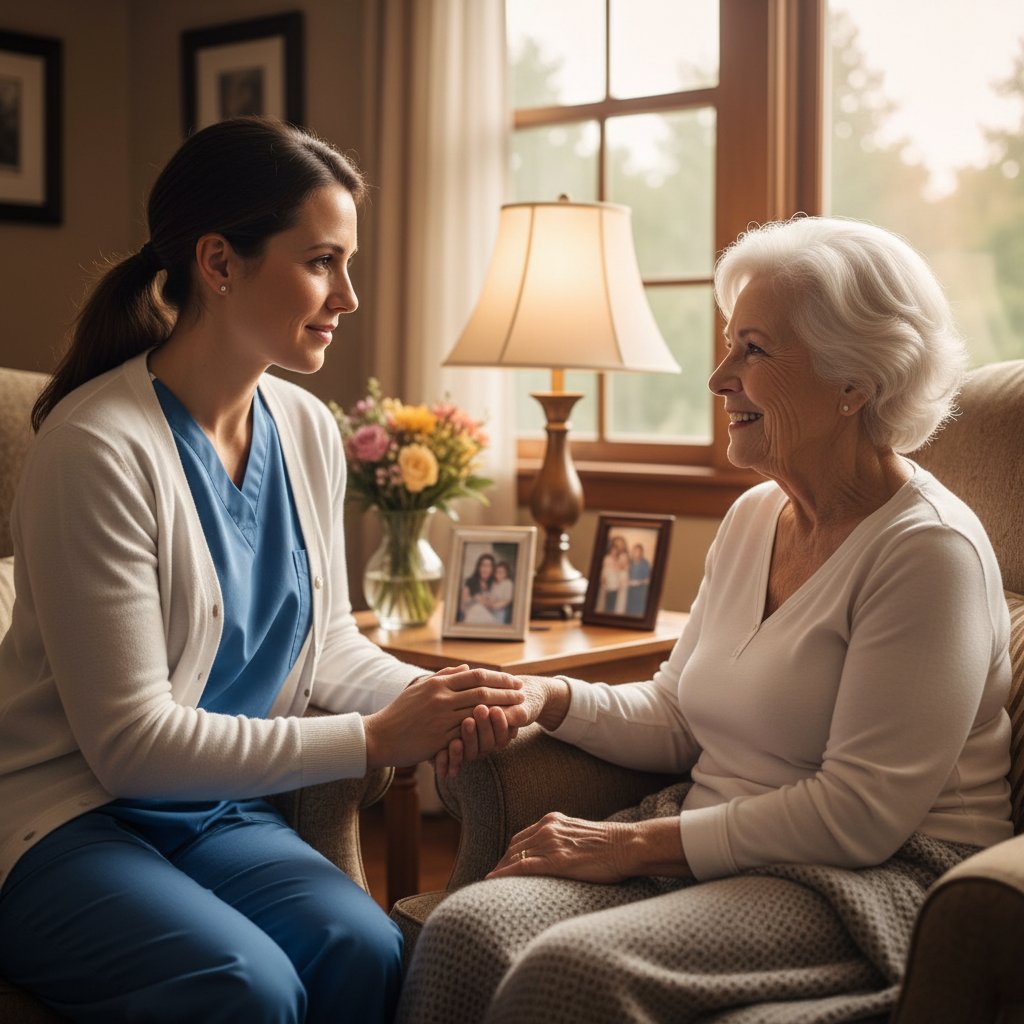 Pielęgniarka wykonuje zabieg w domu pacjenta, opieka domowa, telemedycyna