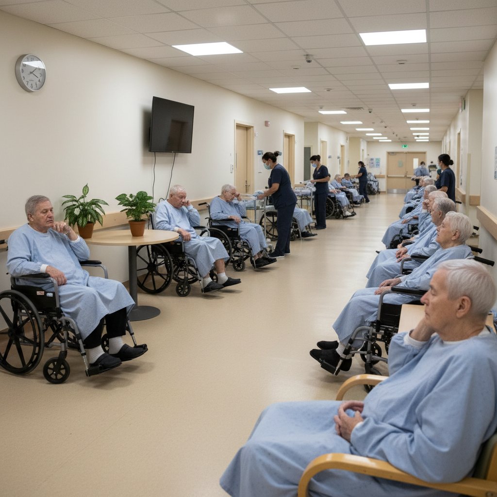 Dom opieki, starsi pacjenci na korytarzu, klimat instytucji