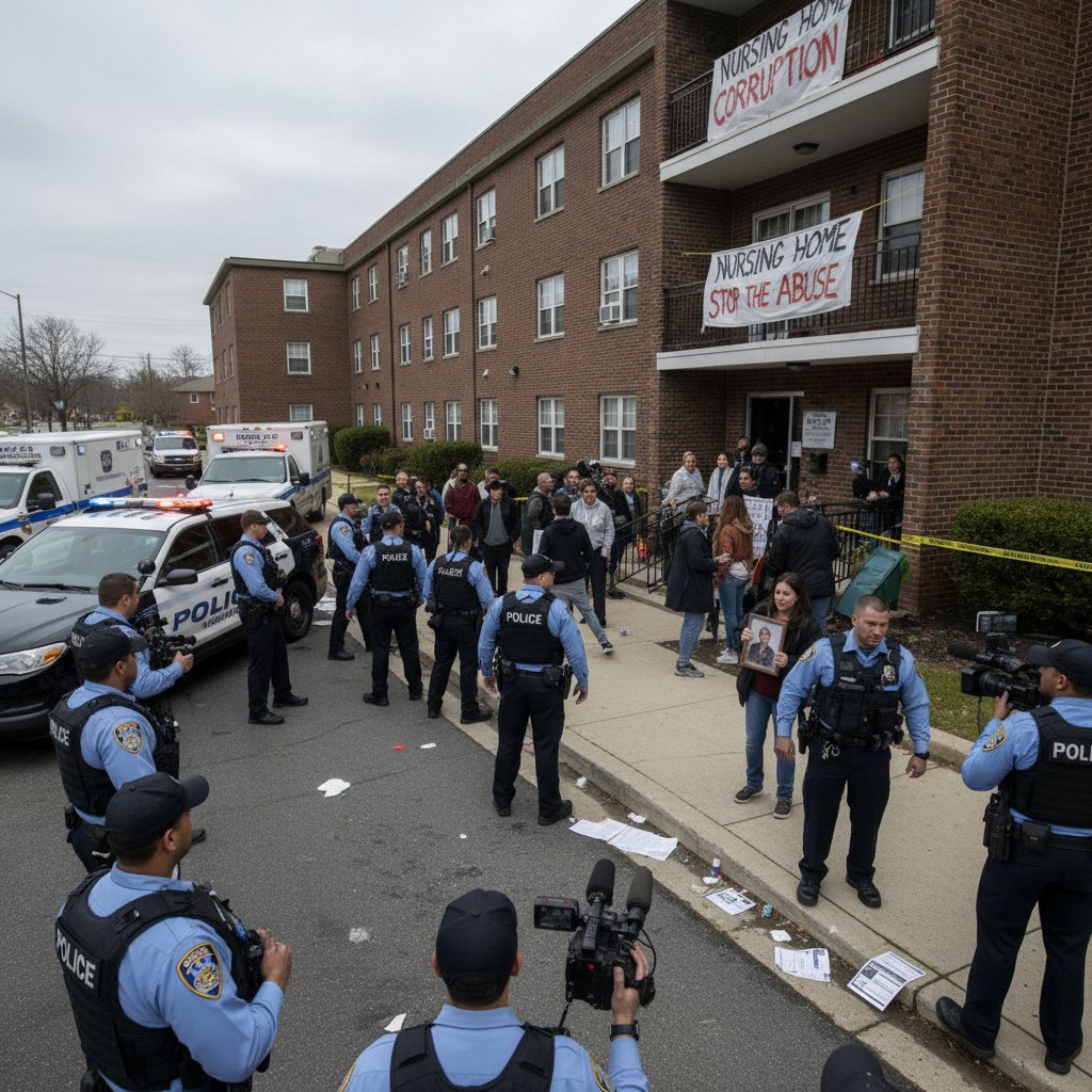Wyraziste zdjęcie domu opieki, patrol policji, sygnalizujące kryzys i kontrolę