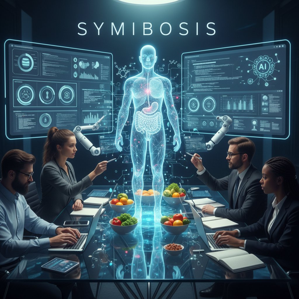 Ekipa dietetyków i programistów analizujących dane na ekranie, symbol współpracy człowieka i AI