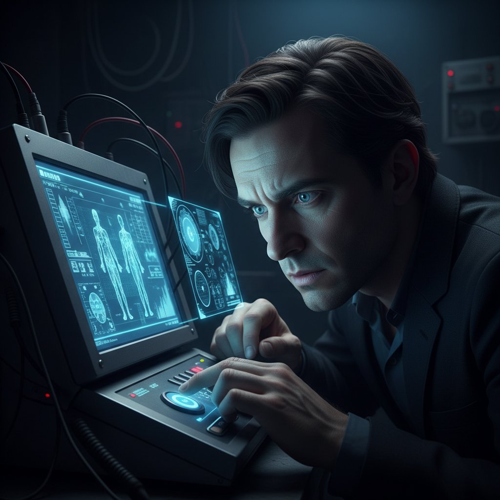 Osoba obsesyjnie wpatrująca się w ekran analizatora, kontrastowe światło, wyraz twarzy pełen niepokoju