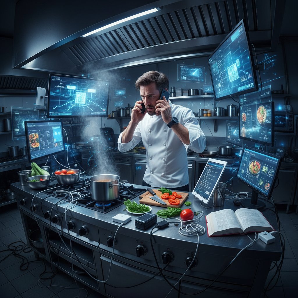 Osoba wpatrzona w smartfon podczas gotowania, wokół niej dominuje cyfrowy chaos