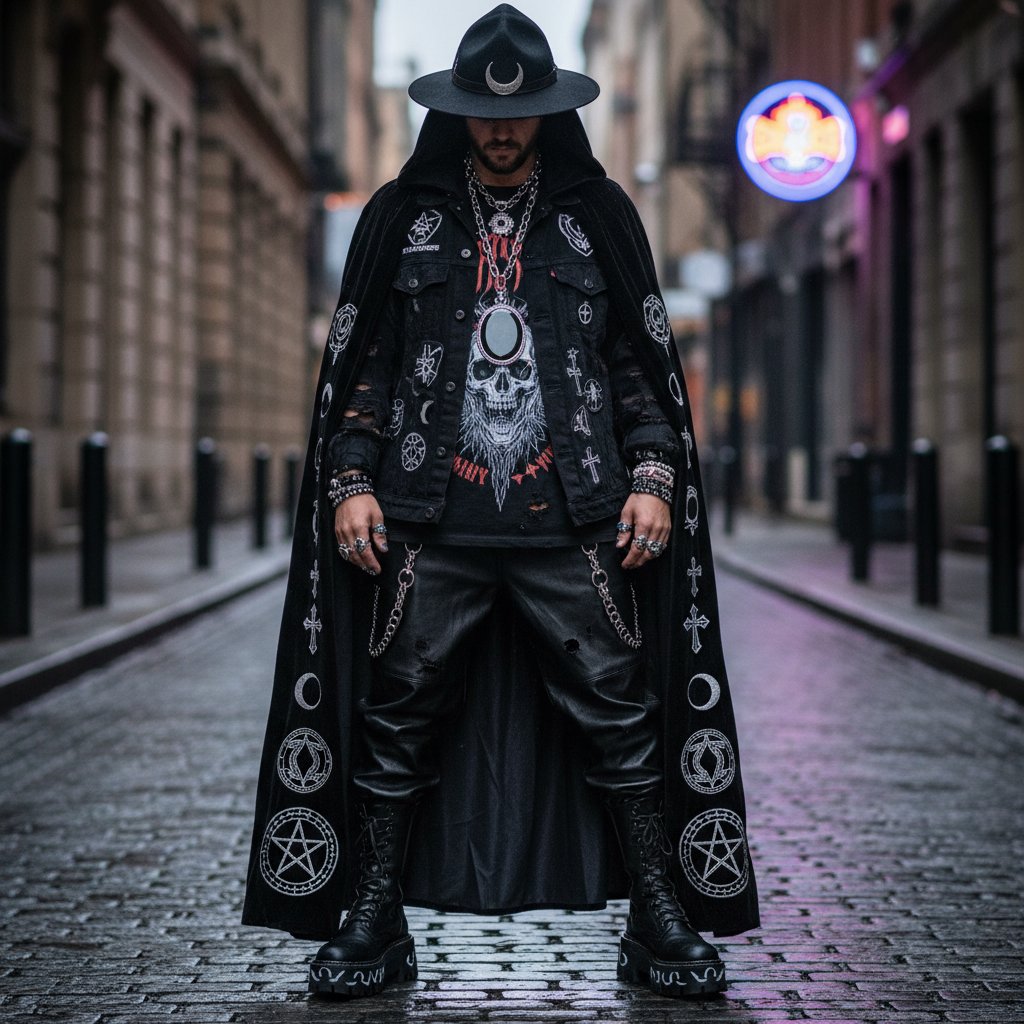 Occult-inspired street style with young people wearing dark fashion and supernatural jewelry
