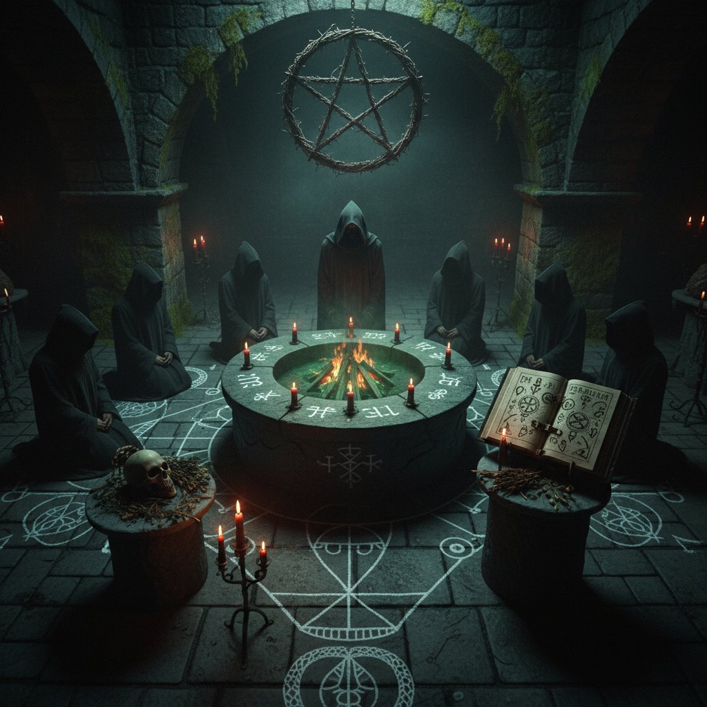 Occult symbols in film scene showing pentagram and ritual candles for supernatural effect