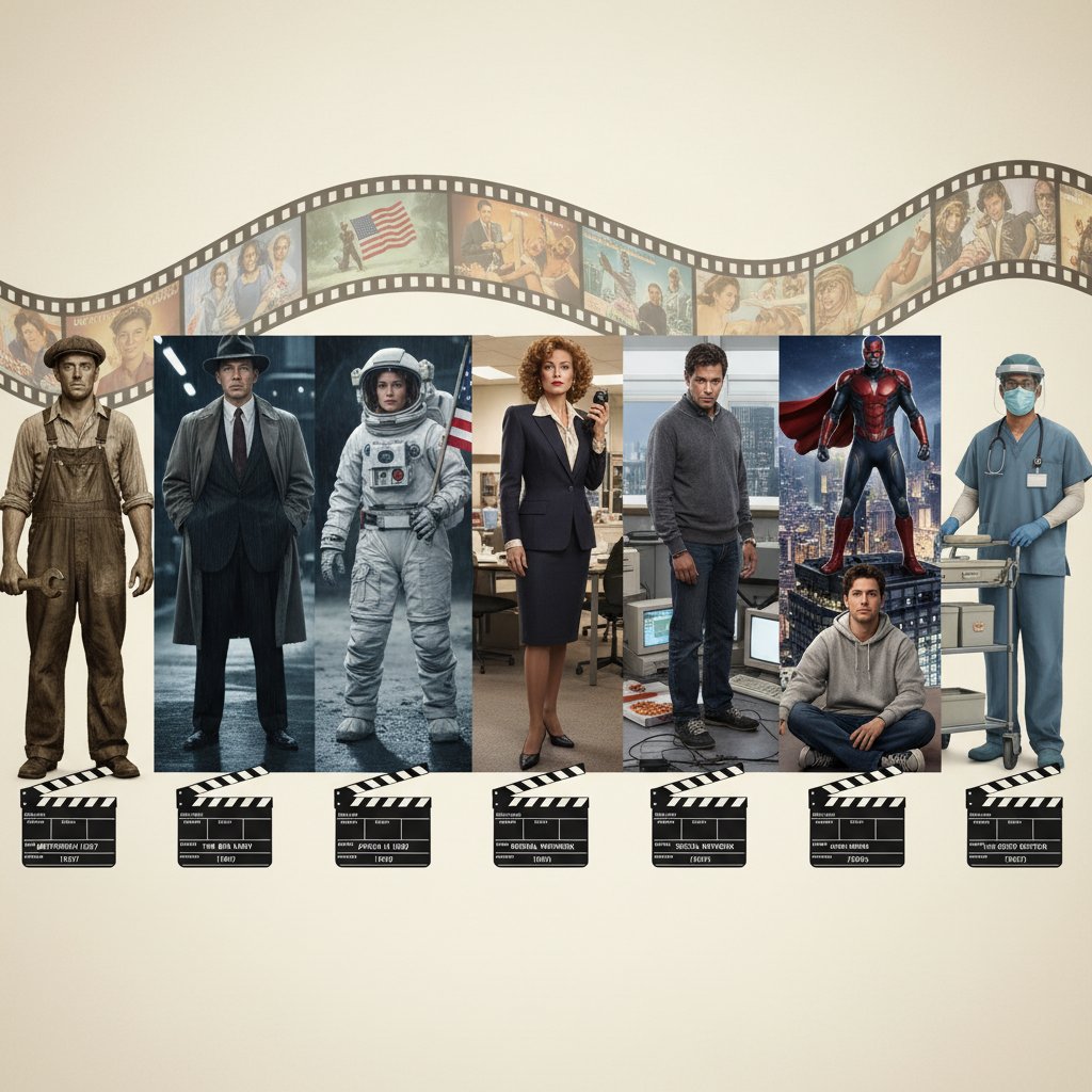 Timeline of occupation movies shown by actors in period-appropriate work attire, high-contrast, realistic
