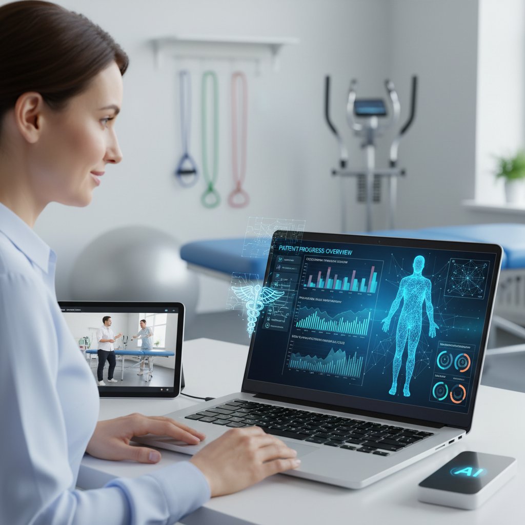 Terapeuta zajęciowy pracujący z laptopem nad analizą postępów pacjenta