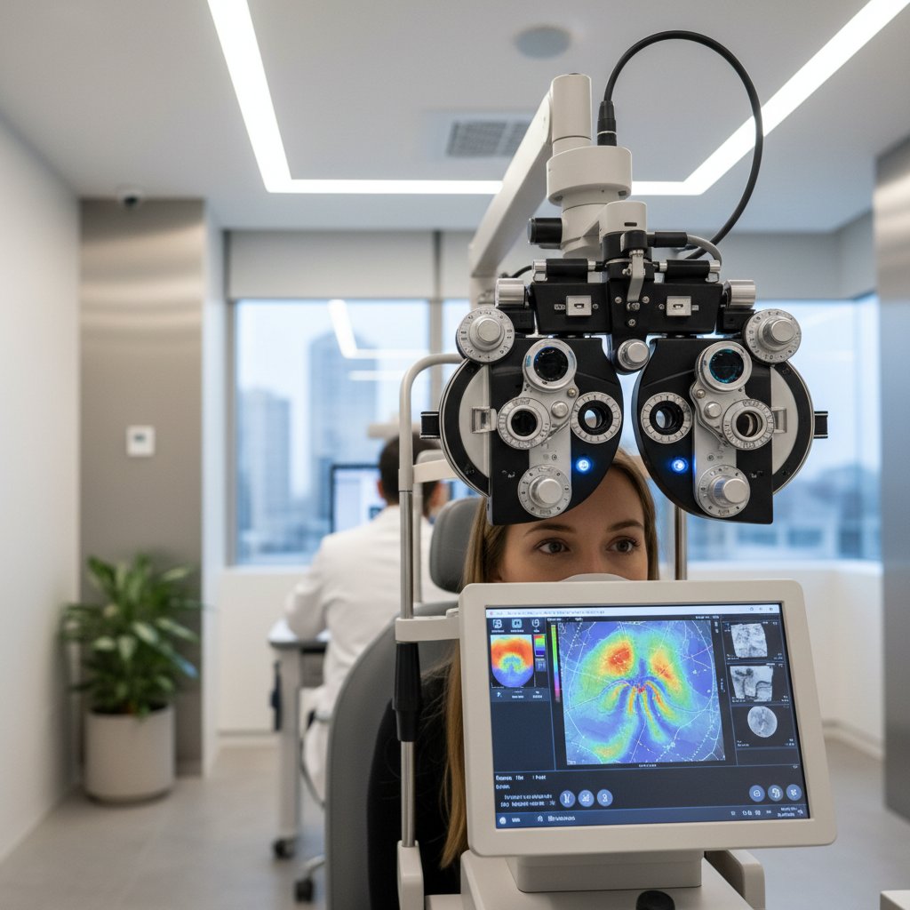 Nowoczesne urządzenie do topografii OCT w jasnym gabinecie okulistycznym