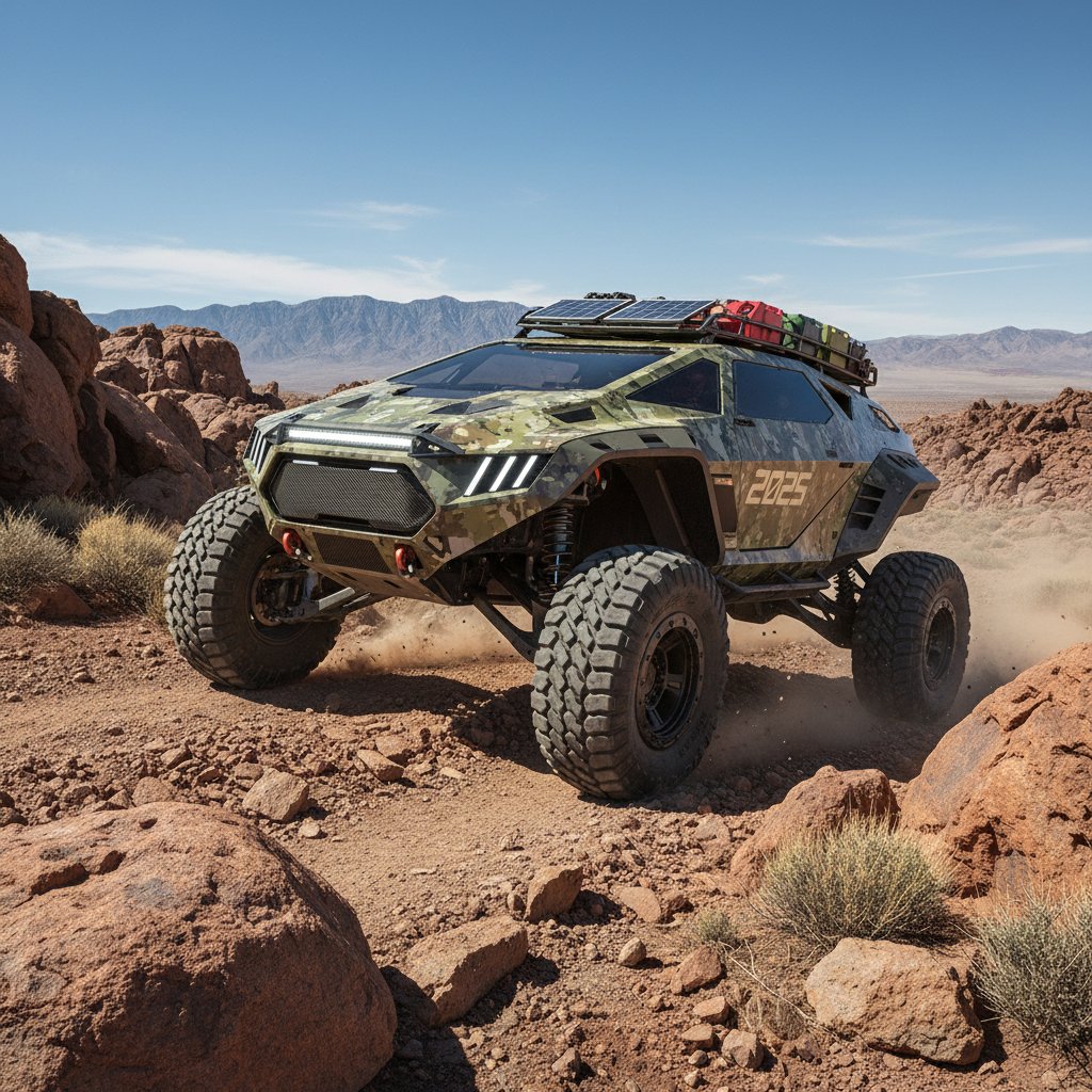 2025 off-road specialty vehicle climbing rocky terrain.