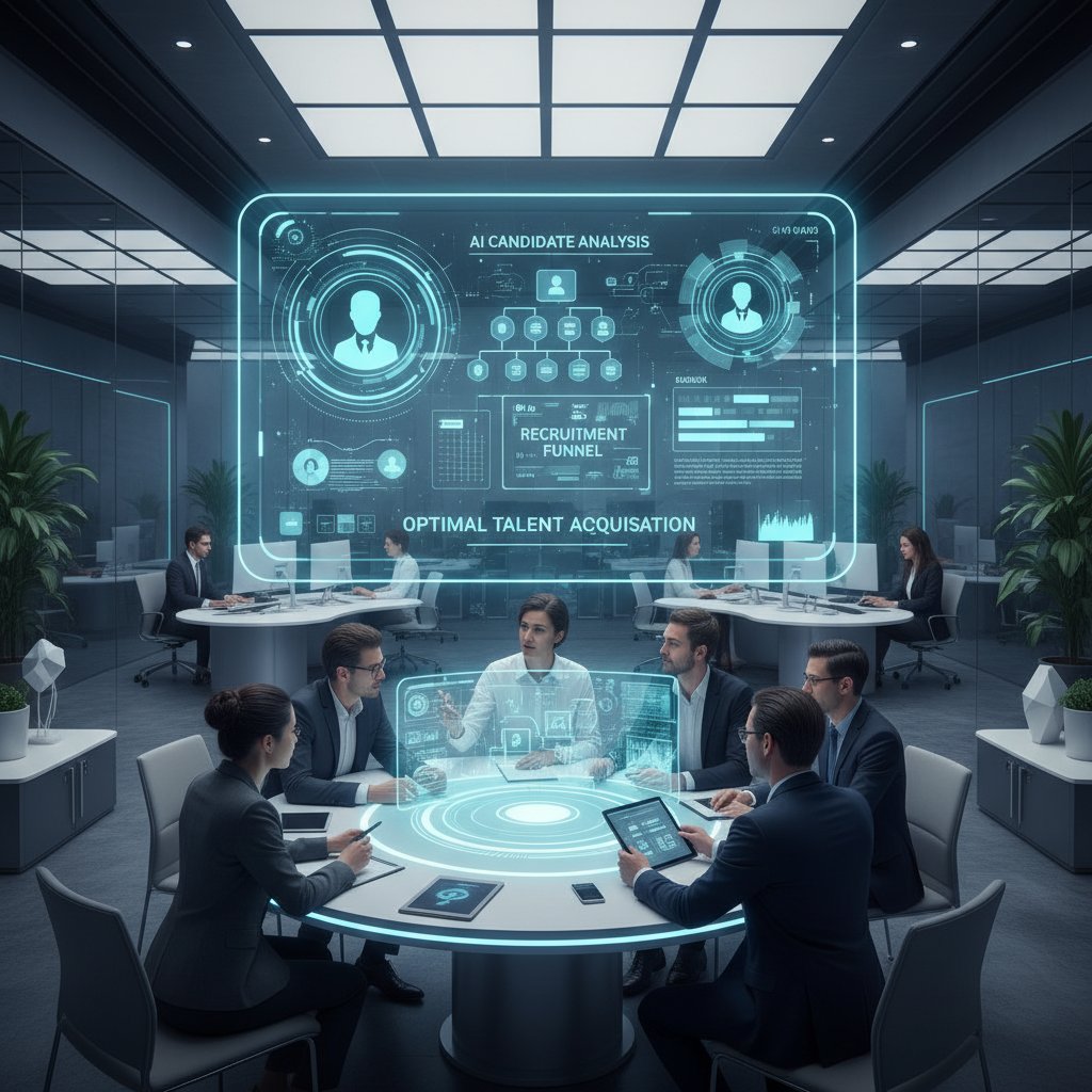 Scena w biurze z cyfrowymi nakładkami pokazującymi analizę AI podczas rekrutacji