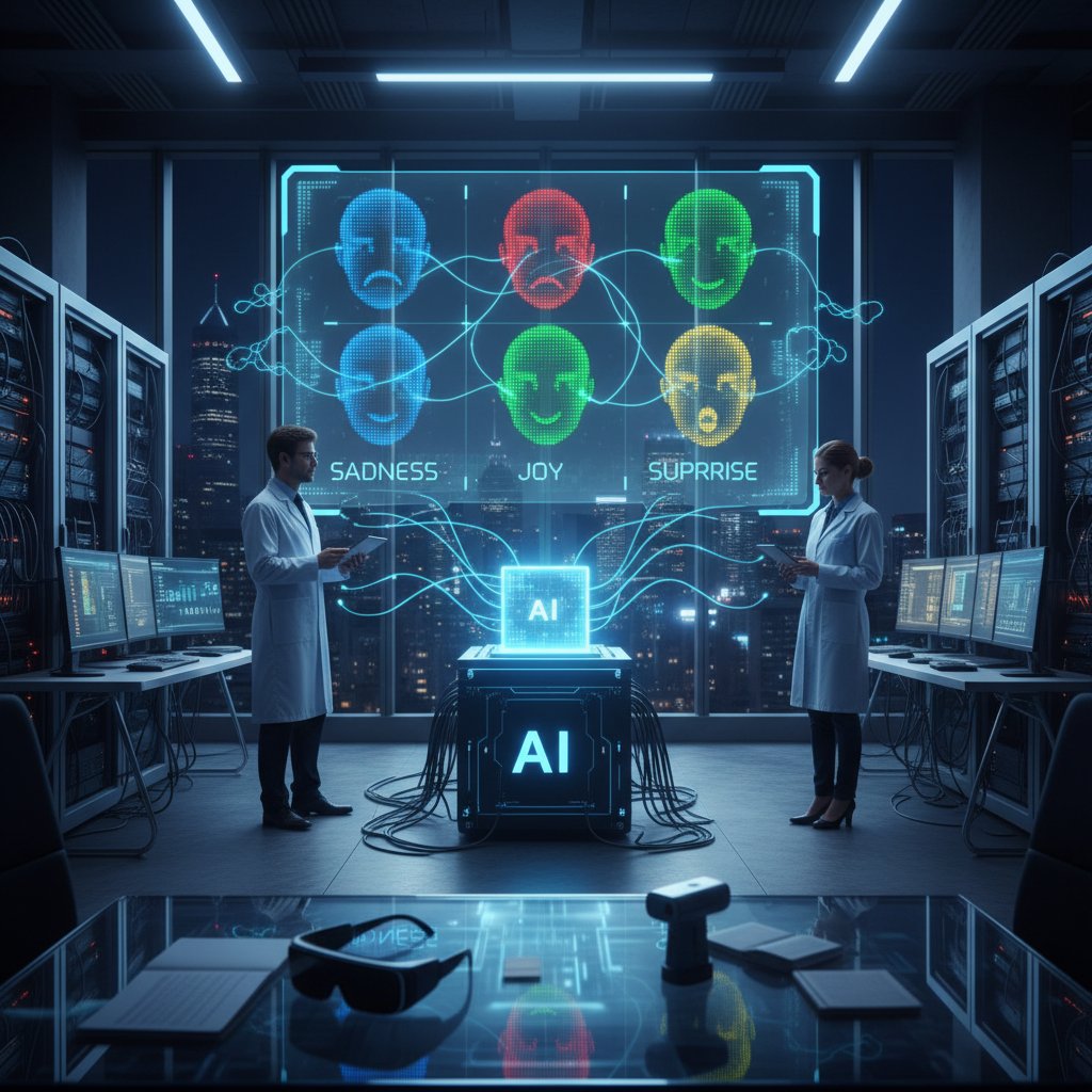 Nowoczesne biuro, AI analizuje twarze ludzi, rozpoznawanie emocji