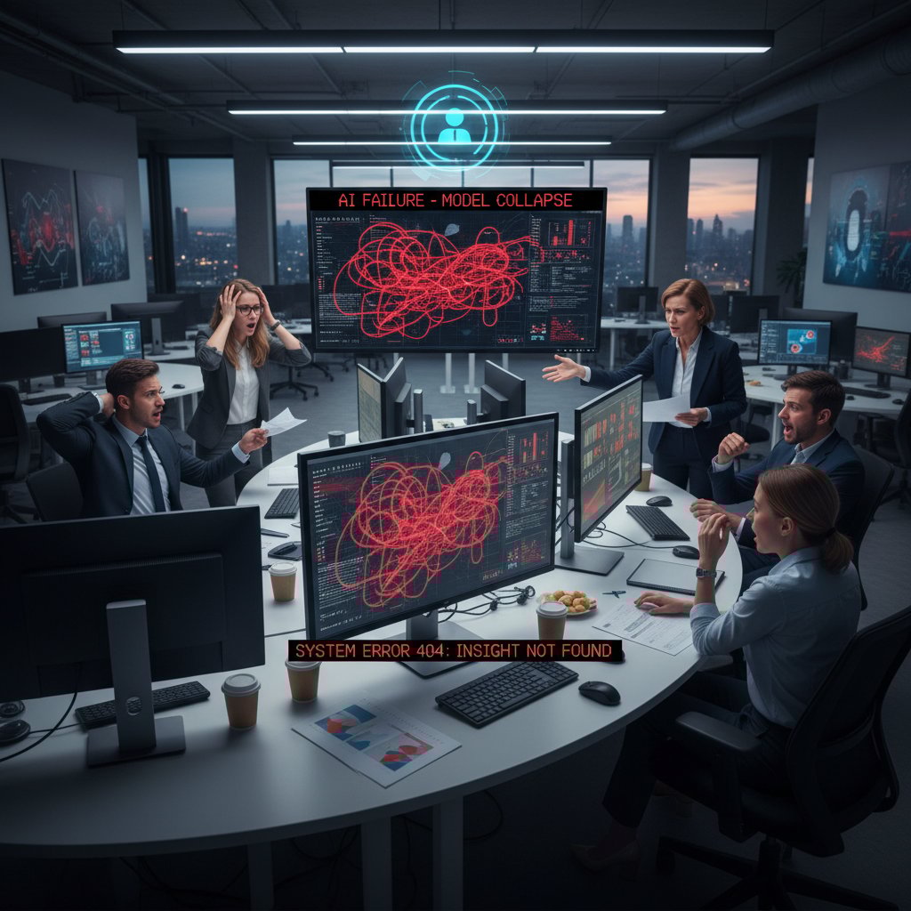 Biuro pełne napięcia po nieudanym wdrożeniu AI – zespół analizuje słabe wyniki, atmosfera frustracji