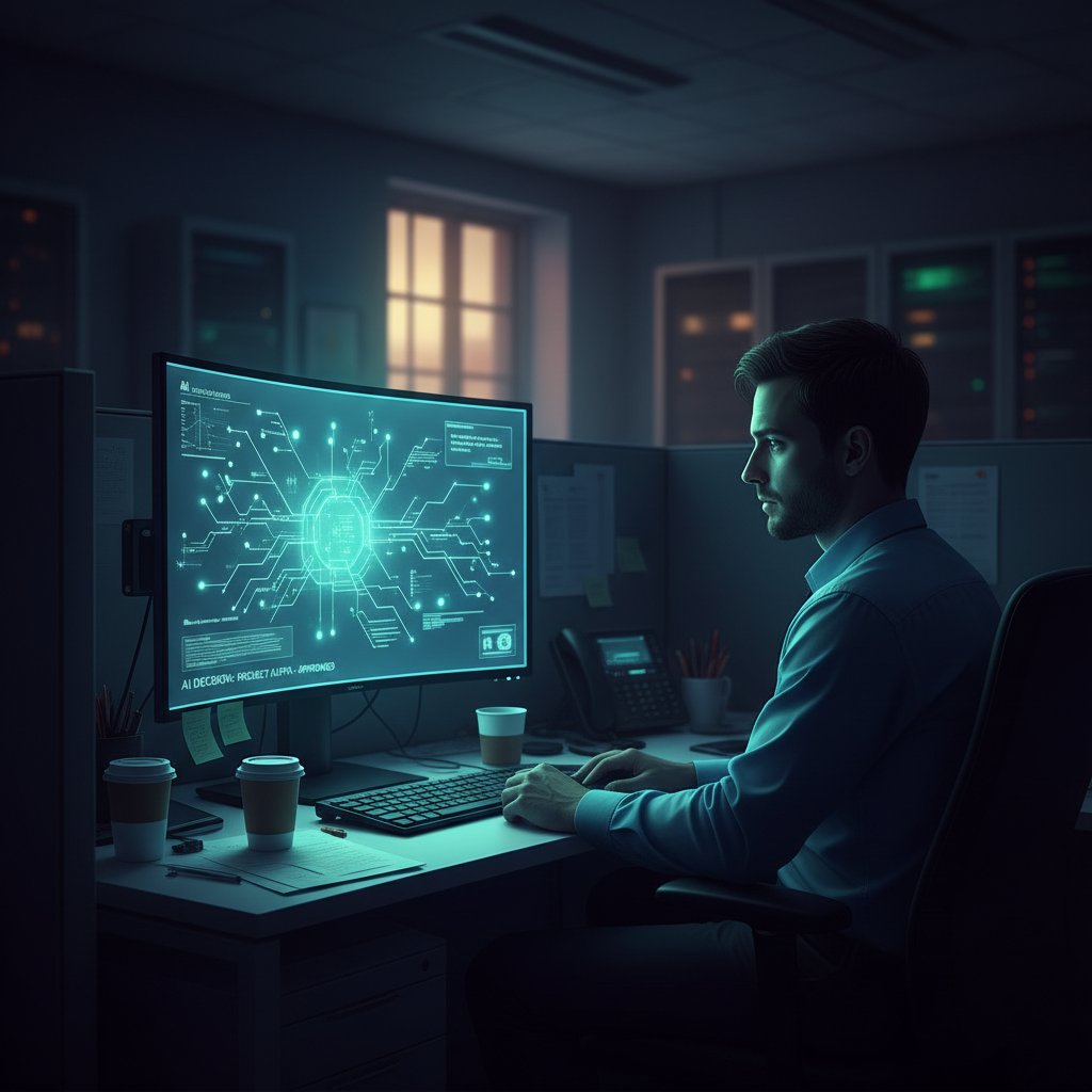 Pracownik analizujący decyzję AI w kontekście wartości firmy.