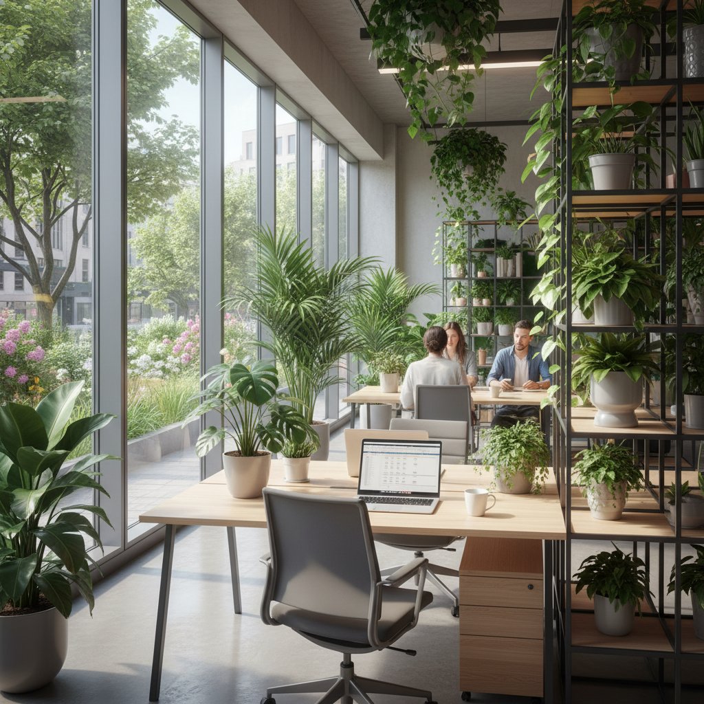 Biuro z zielonymi roślinami, światłem dziennym, osoby pracujące w skupieniu