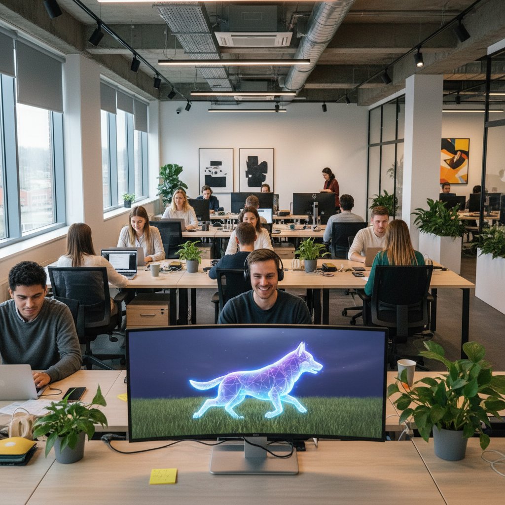 Open space biurowy, pracownik z uśmiechem spogląda na ekran ze swoim wirtualnym psem