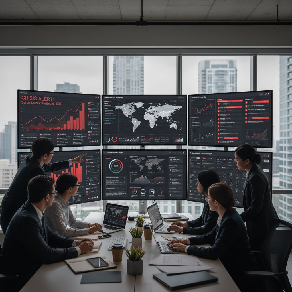 Zdjęcie biura PR z narzędziami monitorującymi rozmowy AI, ekran z alertem kryzysowym