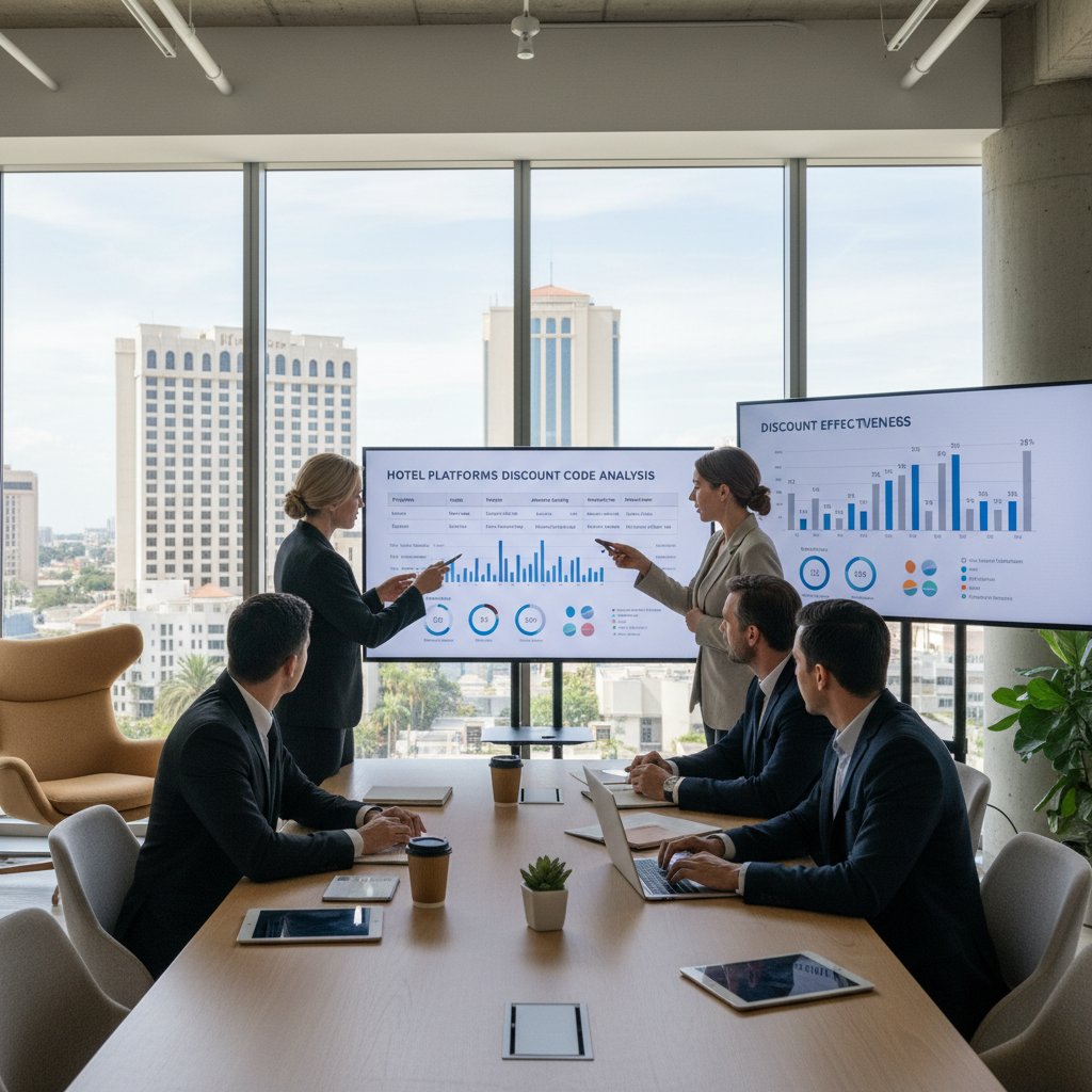 Zdjęcie biura z zespołem analizującym platformy hotelowe, ekrany komputerów z kodami rabatowymi