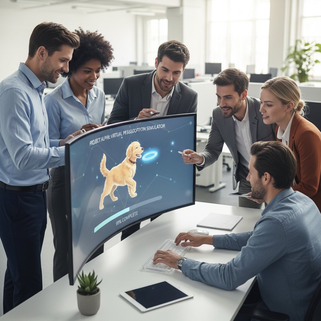 Sala konferencyjna, młodzi ludzie patrzą na ekran z pieskiem AI, atmosfera pracy zespołowej