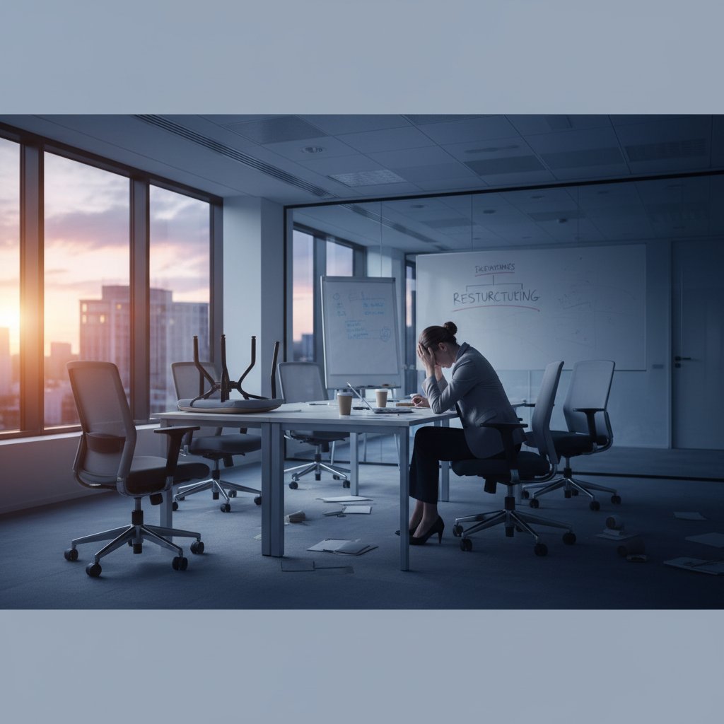 Biuro po burzliwej rozmowie, pracownicy z różnymi emocjami, menedżer samotny przy oknie