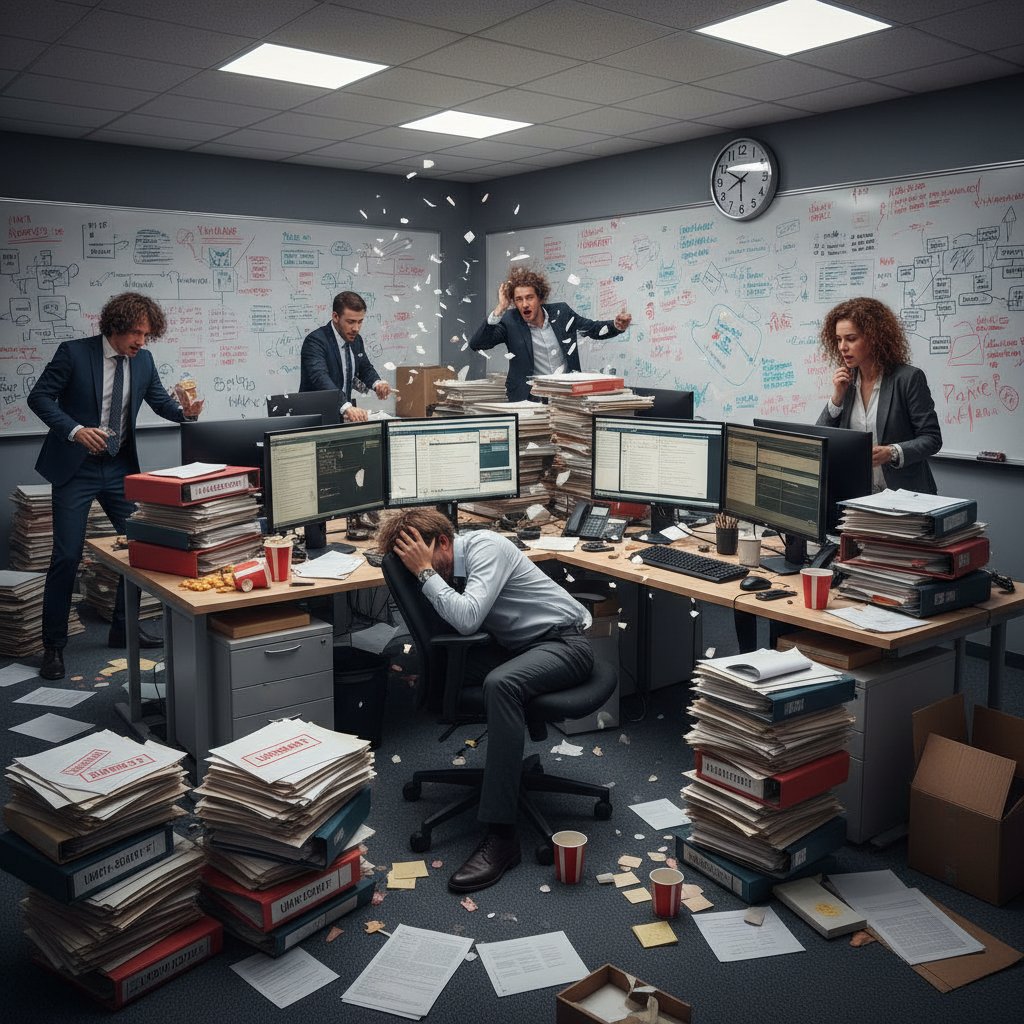 Zespół przy stole pełnym papierów, chaos w biurze i zamieszanie wokół nieczytelnych raportów