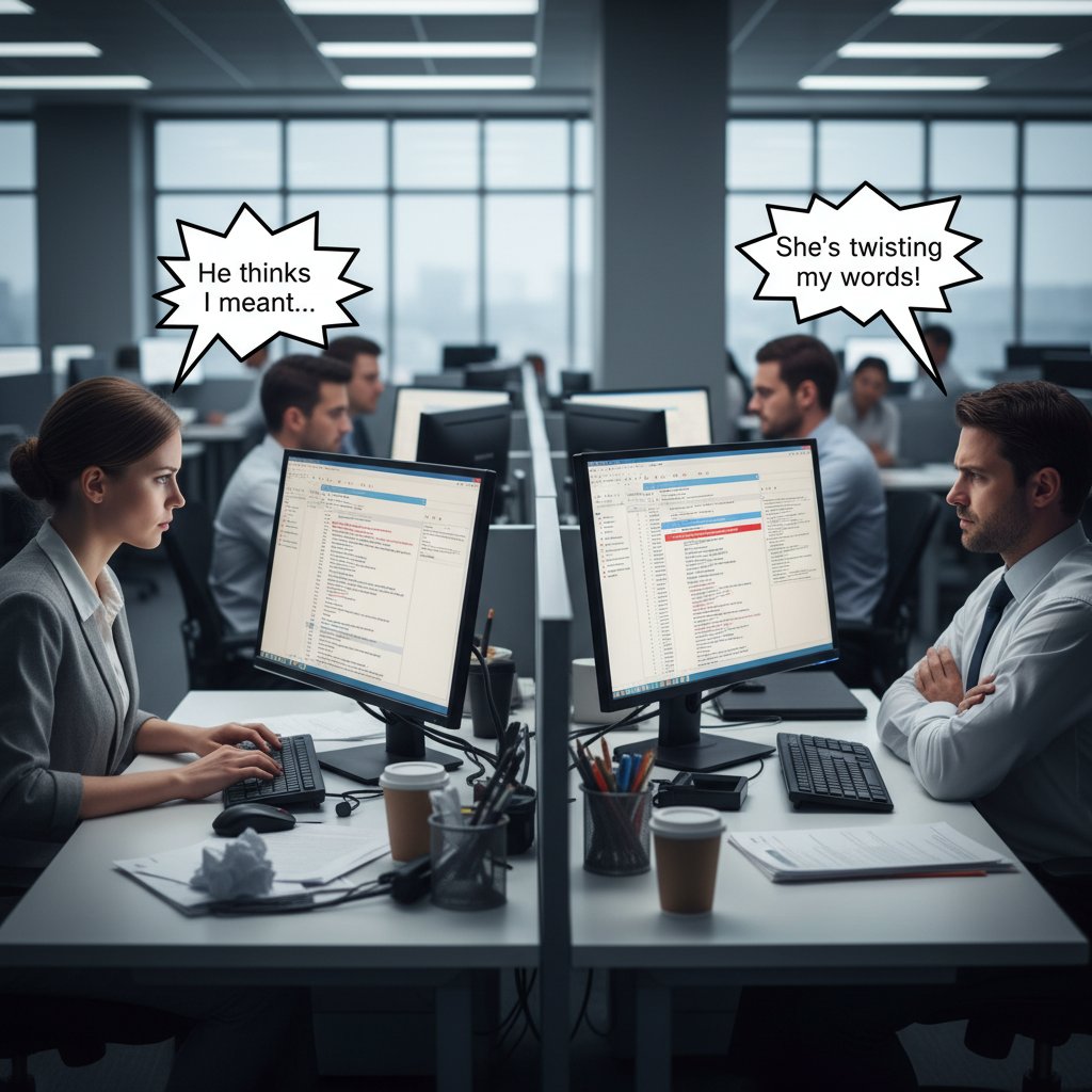 Konflikt w biurze wywołany źle zinterpretowanym mailem, dwie osoby przy komputerach, napięta atmosfera