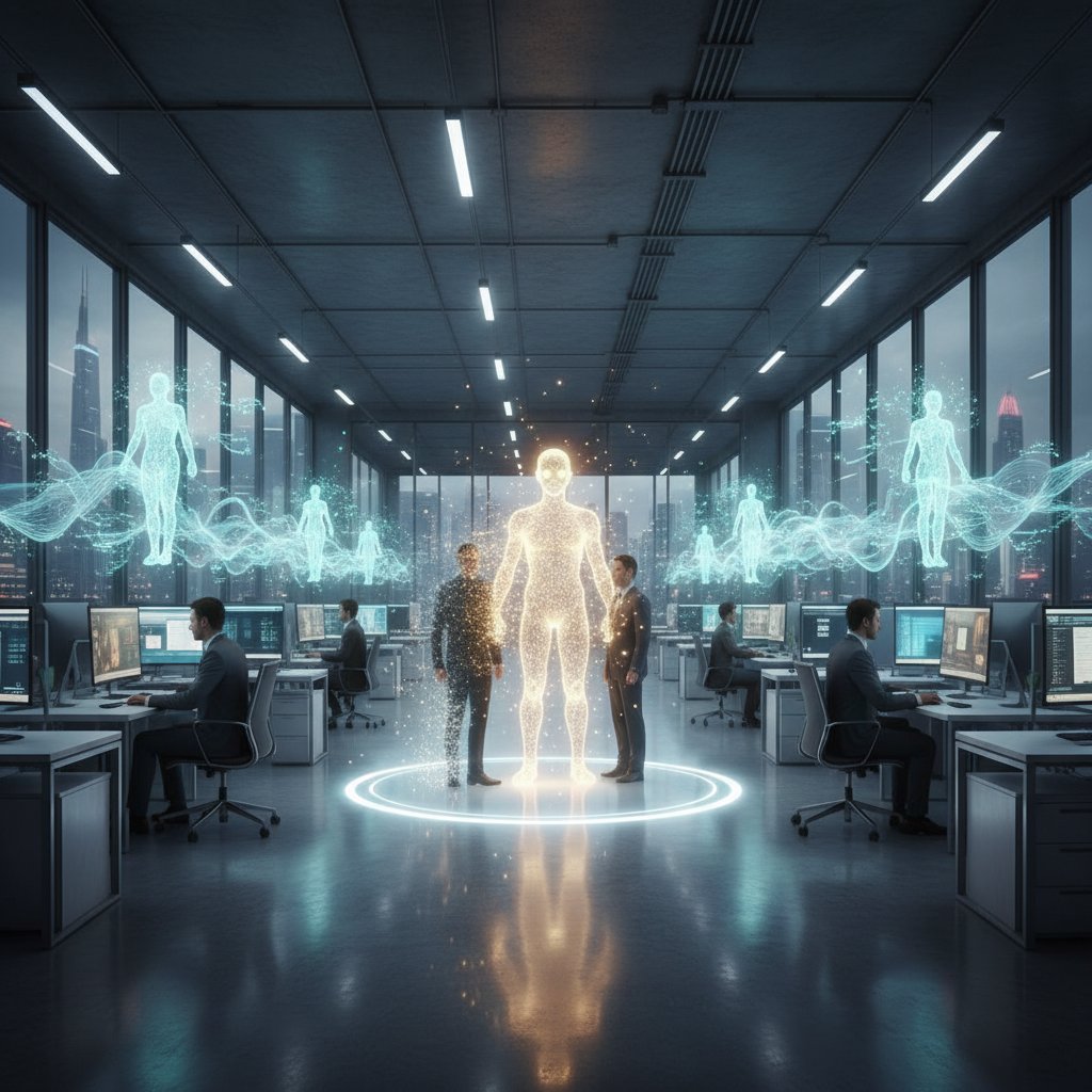 Korytarz biura z biurkami zajętymi przez ludzi i hologramy AI – symbol przemian