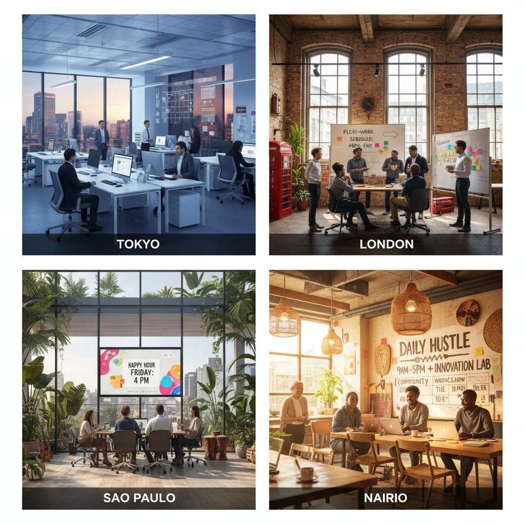 Split-screen of different office cultures (Tokyo, London, São Paulo, Nairobi) each managing appointments, vibrant mood