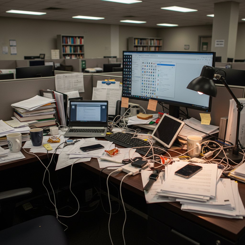 Biurko pełne papierów i urządzeń – symbol chaosu pracy