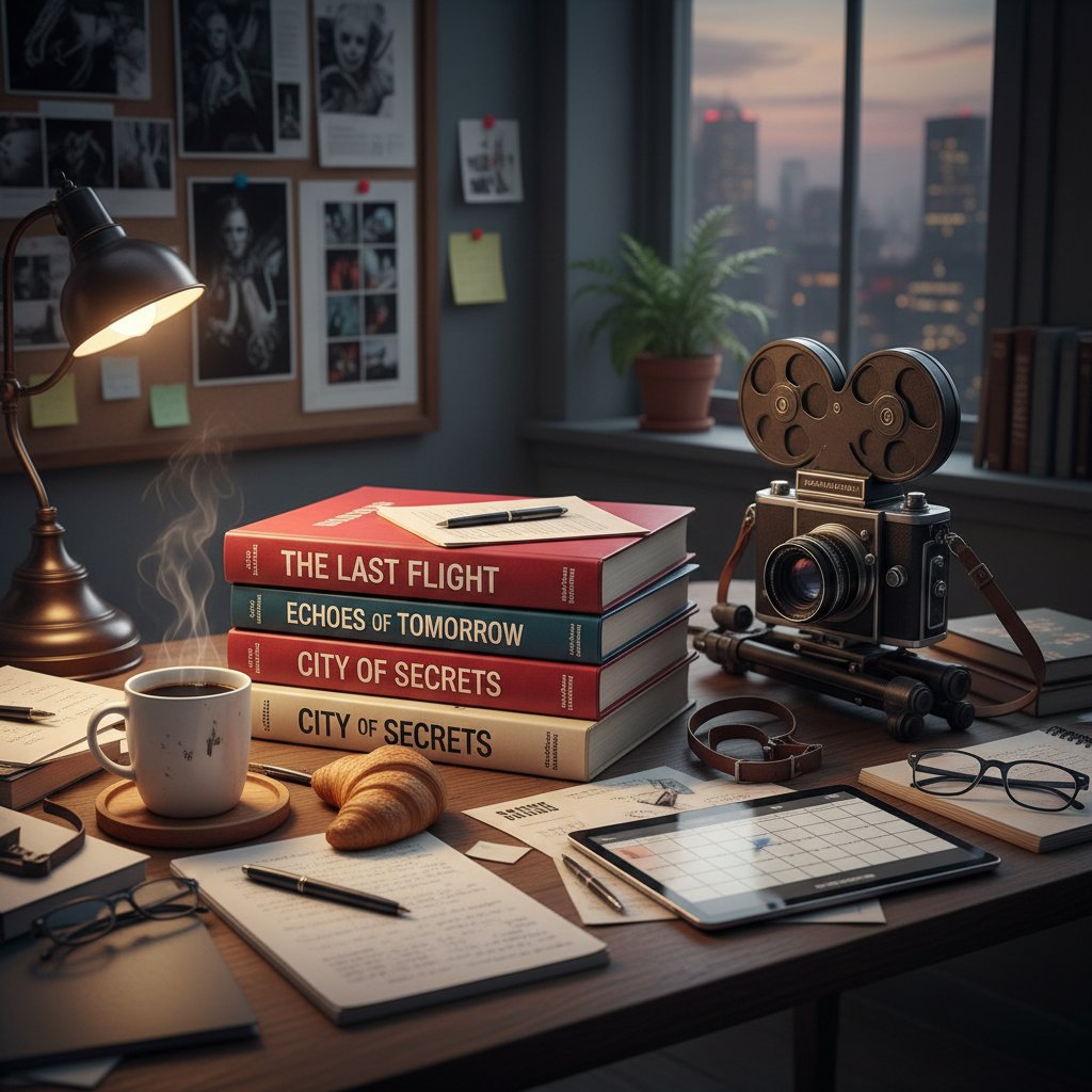 Symbolic photo of an office desk littered with movie scripts, coffee stains, and a camera, evoking The Office’s lingering shadow on Krasinski’s film decisions