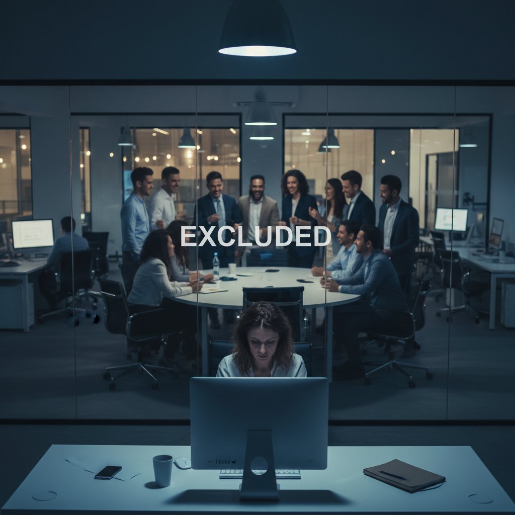 Pracownik siedzący samotnie przy biurku, skupiony, podczas gdy reszta zespołu rozmawia w tle, temat: wykluczenie w pracy