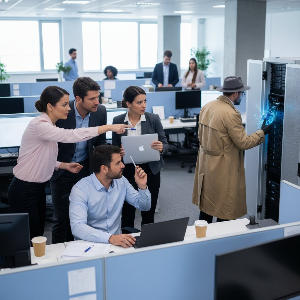 Grupa w biurze, jedna osoba patrzy z ukosa, wyraźny dystans do reszty zespołu