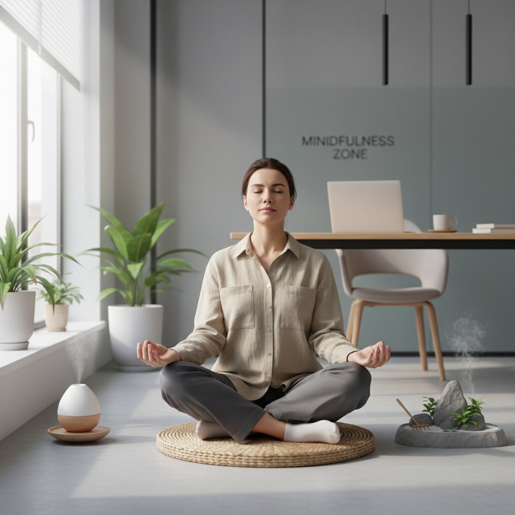 Osoba medytująca na biurowym krześle, zrelaksowana, biuro w tle, światło dzienne