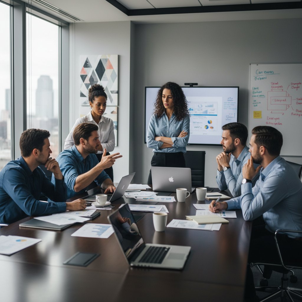 Zespół podczas burzliwej dyskusji w sali konferencyjnej – walka o uwagę i głos