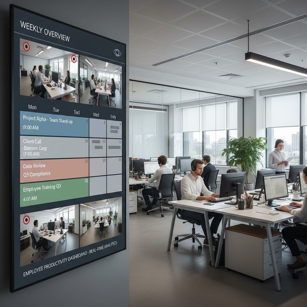Kamery i monitory w biurze sugerujące nadzór nad pracownikami korzystającymi z kalendarza online