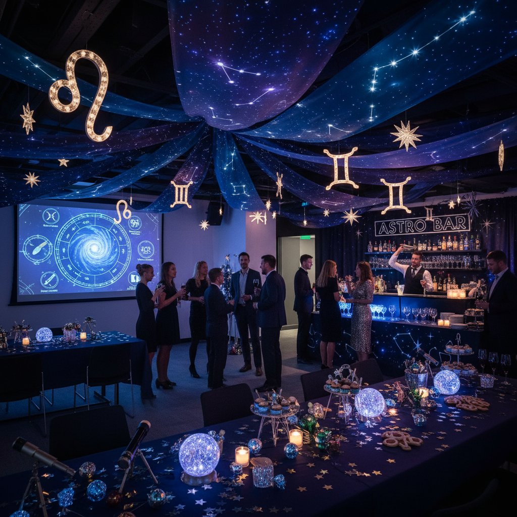 Impreza firmowa z motywami astrologicznymi, symbolizująca wykorzystanie astrologii w kreowaniu kultury pracy